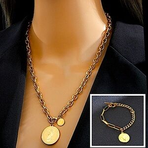 Queen Elizabeth Coin Gold Plated Chain Link Necklace Matching Bracelet Set